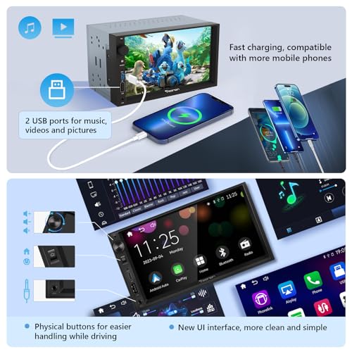 Eonon 7 Inch QLED Double Din Headunit Linux Car Stereo Wireless CarPlay Android Auto Bluetooth USB DSP Support Type-C USB Fast Charge Touchscreen MirrorLink Video In/Out AUX In with Backup Camera X3