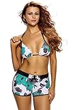 Happy Sailed Women's Sporty Printed Halter Push Up High Waist Board Shorts Bikinis Set Swimsuits
