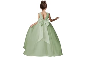 HEWEGO Flower Girls Dress for Wedding Satin Tulle Pageant Formal Communion Dress Pearls Prom Ball Gown with Bow-Knot