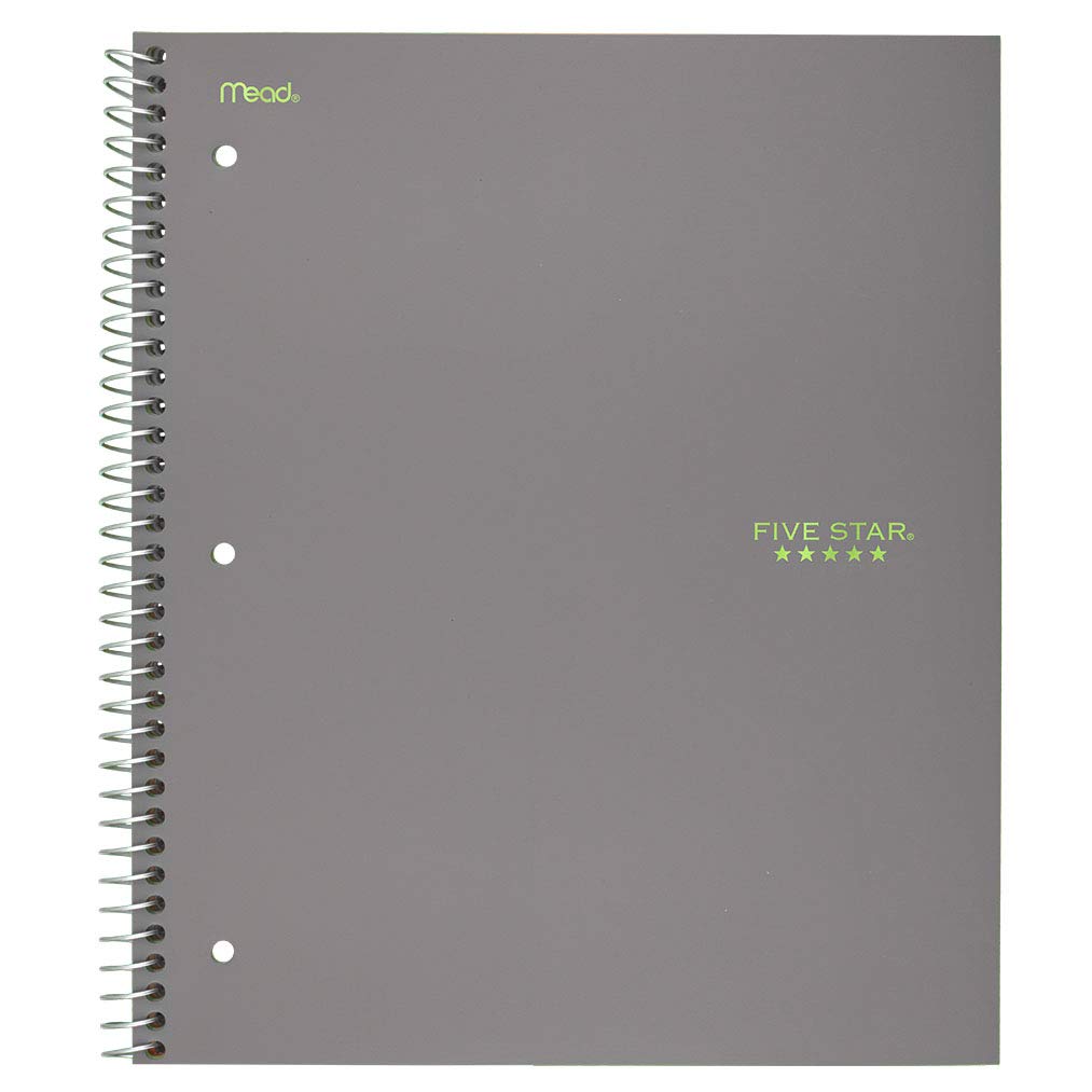 Five Star Spiral Notebook, 5 Pockets, Wide Ruled, 200 Sheets, 10.5 x 8 Inch, Grey (73200)