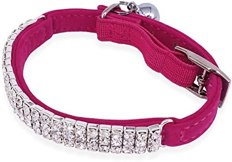 Diamond Bling Collar | Safe Soft Leather and Elegant Sparkling Rhinestone Crystal Diamante Dog Collar with Adjustable Clasp Up To 11" and Ring Bell | For Puppy Kitten Cat Dog Small Pets | Rose