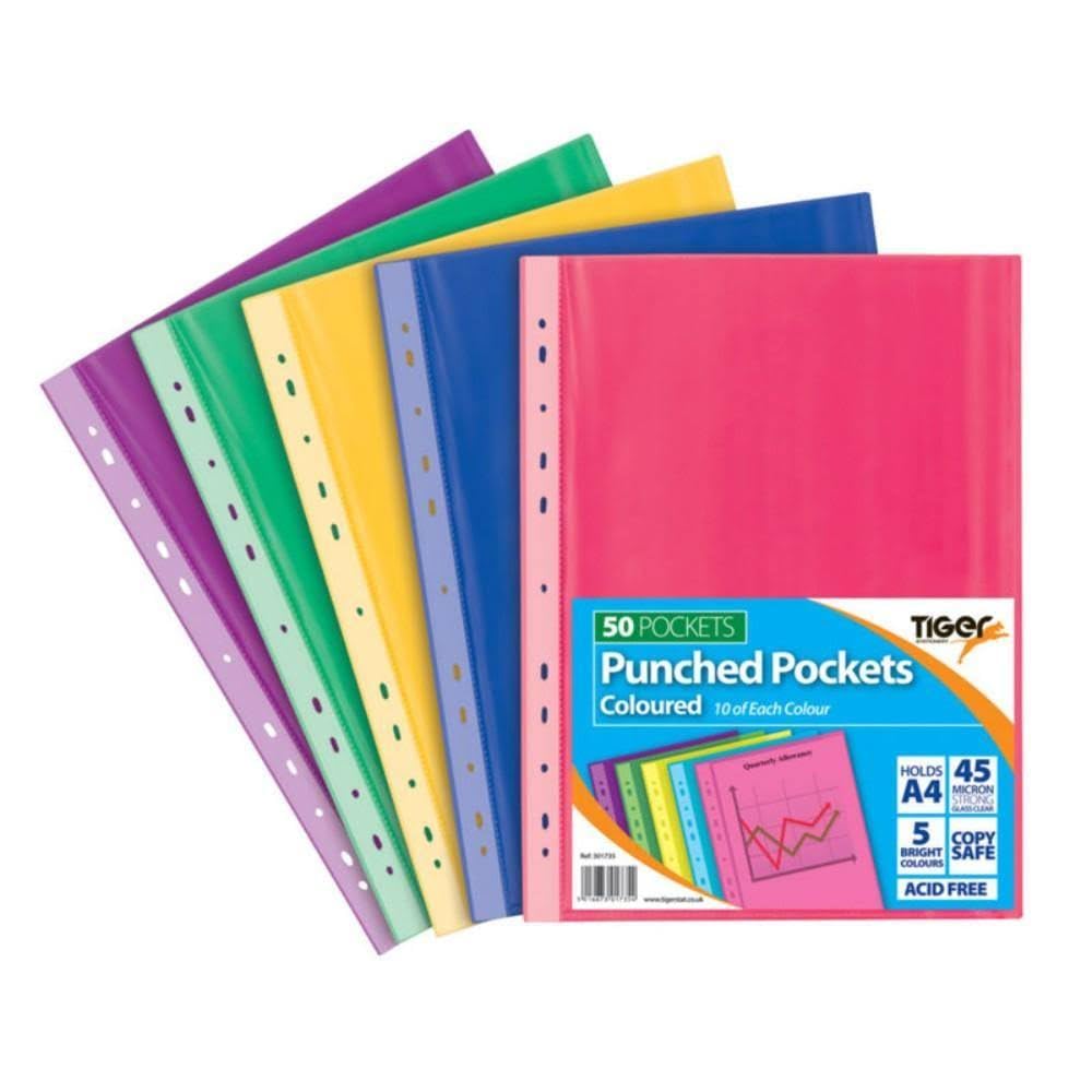 Tiger A4 50 Coloured Plastic Wallets Clear Strong Punched Ring Binder File Pockets,Blue/Green/Multicolour/Pink/Purple/Yellow,Medium