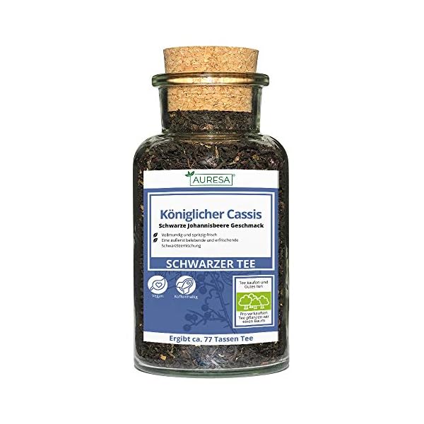 AURESA Schwarztee Königlicher Cassis im Glas | Tee Mischung - 100g | Wiederverwendbare Glasflasche mit Korkverschluss