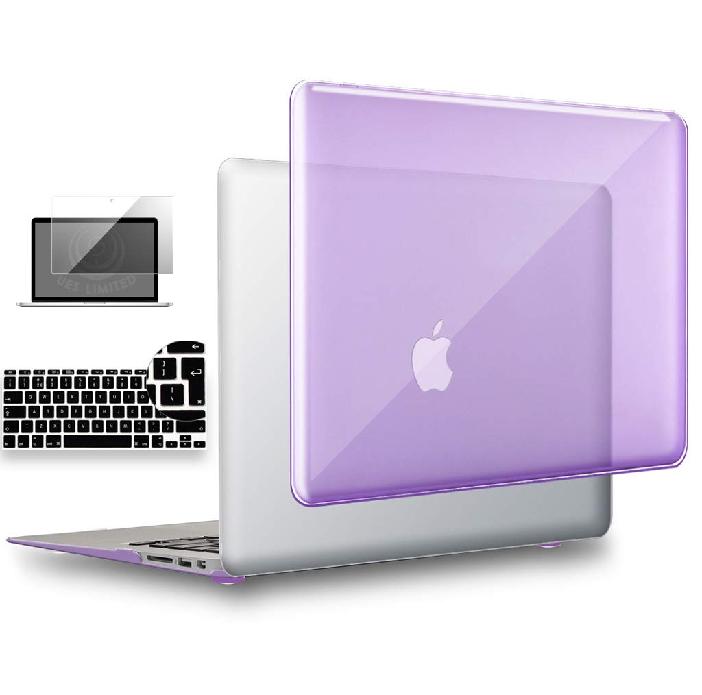 UESWILL 3in1 Glossy Crystal Clear See Through Hard Shell Case Cover Compatible with MacBook Air 11 inch (Model: A1370/A1465) + EU/UK Version Keyboard Cover and Screen Protector, Purple
