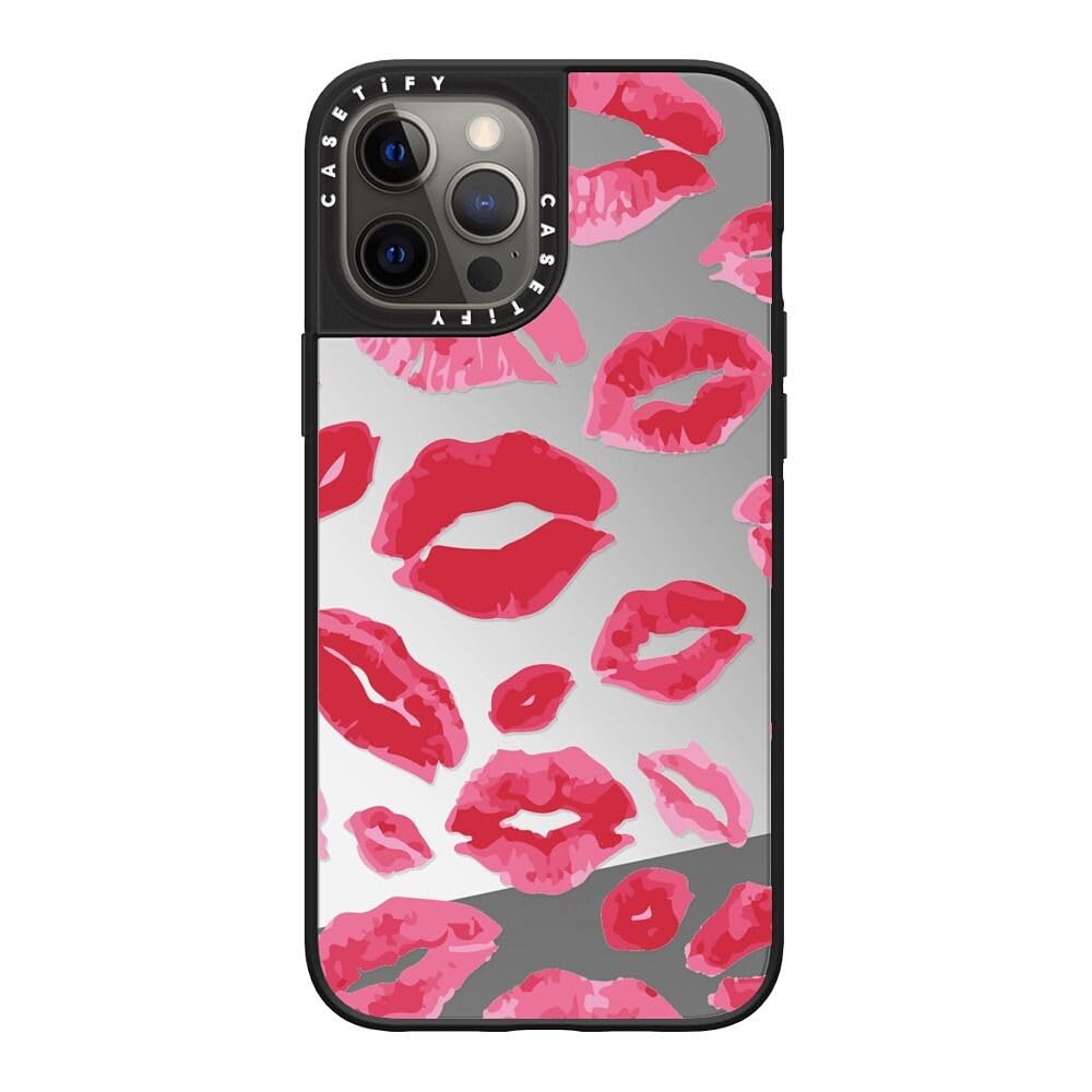 CASETiFY Mirror iPhone 12 Pro Max Case [Reflective / 4.9ft Drop Protection/Compatible with Magsafe] - Lipstick Kisses - Silver On Black
