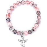 COLORFUL BLING Guardian Angel Charm Bracelets for Women Healing Crystal Beaded Stretch Elastic Bracelet Memorial Protection Sympathy Gift Natural Stone Inspirational Bracelet Faith and Love Jewelry