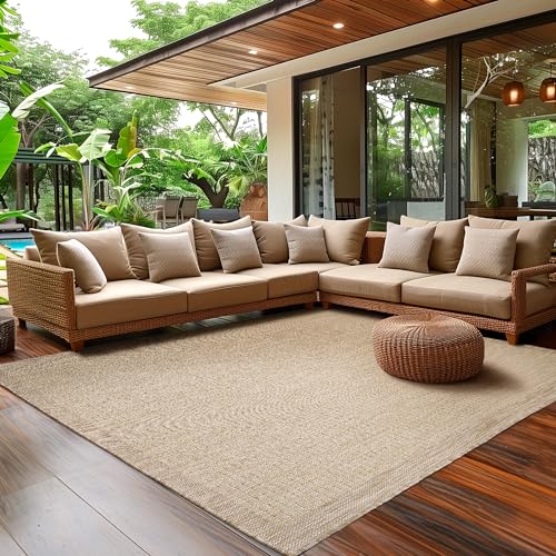 SIMPEX In- & Outdoor Teppich Wetterfest 240 x 340 cm Einfarbig Beige - Waschbar, Wasserfest, Pflegeleicht und Flachgewebe - Ideal für Balkon, Garten, 