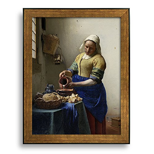 Framed Art The Milkmaid 1658 by Jan Vermeer Famous Painting Wall Decor Bronze and Black Frame