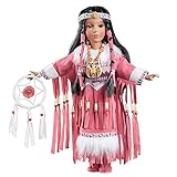 Collections Etc Women's Elu Native American Porcelain Doll Tabletop Display, Pink Outfit Includes White Faux Fur and Beads