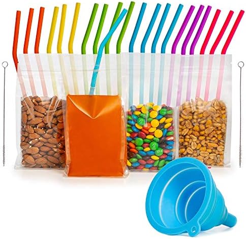 Reusable Drink & Snack Pouch Bundle (without Holes) | Includes - 20 Silicone Straws, 40 Assorted Food-grade Snack/Drink Bags, 2 Cleaning Brushes, and 1 Silicone Funnel, Blue, by Beautiful Blue Orb