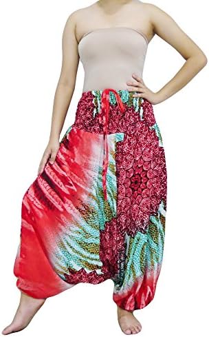 Loongcha loong Cha's Unisex 2 Type Harem Jumpsuit Pants,Fine Art Print Smocked Waist &amp; Jump Leg Version : I (VV Red)
