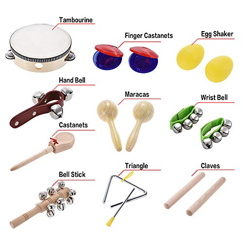 10pcs Musical Instruments Percussion Toy Rhythm Band Set Including Tambourine Maracas Triangle Castanets Wrist Bell for Kids Children Baby - Quarkscm