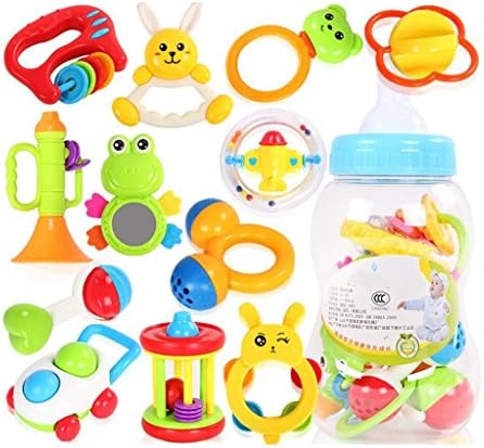 ROWAG Educational 12 Pieces Baby Rattles and Teethers Playset with Gift Bottle Infants Toys for Toddler Newborn