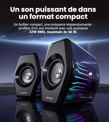 G2000 Pro-Enceintes PC Gaming 2.0(Peak 64W) avec Éclairage RGB TempoFlow™ 270°, Son Surround Virtuel 7.1-Bluetooth 5.4/USB-C/AUX-Compatible PC, PS5, Xbox, Mobile-Haut-parleurs Gamer-Noir
