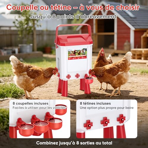 CHAMUTY Automatic Chicken Drinker 10 Litres with 8 Bowls, 8 Nipple Dispensers, Controlled Filtered Float, 1.5 m Stainless Steel Pipe, Automatic Chicken Water Dispenser for Ducks Geese