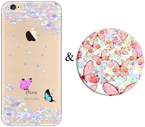 iPhone 8 Plus Case and Expanding Stand Set,Karri CC Butterfly Floral Prints Clear Flexible Soft TPU Cover and Multifunction Grip Pop Mount Socket for iPhone 8 Plus