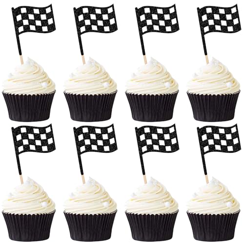 24 PCS Checkered Racing Flag Cupcake Toppers Black Glitter Race Car Checkered Flag Cupcake Picks Finish Line Flag Cupcake Decorations for Flags Racing Car Theme Party Cake Decorations Supplies