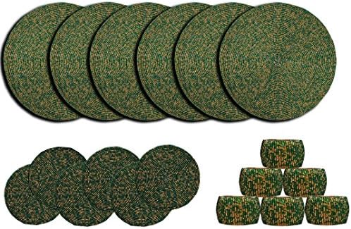 DakshCraft Green &amp; Golden Beaded Placemat / Tablemat( Dia - 12") with Tea Cup Coaster(Dia - 4") and Napkin Rings, Set of 6 - for Christmas Gift, Decorative Item, Gifts Purpose &amp; dining accessories