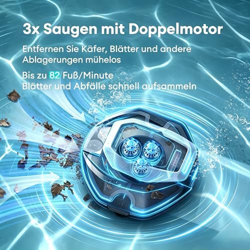 10s Poolroboter(2026 Upgrade), Poolroboter Akku mit 3 Motoren, 90Min für Pools bis 80 m², Fernbedienung und App-Steuerung, automatisches Parken, geeignet für Verschiedene Pooloberflächen