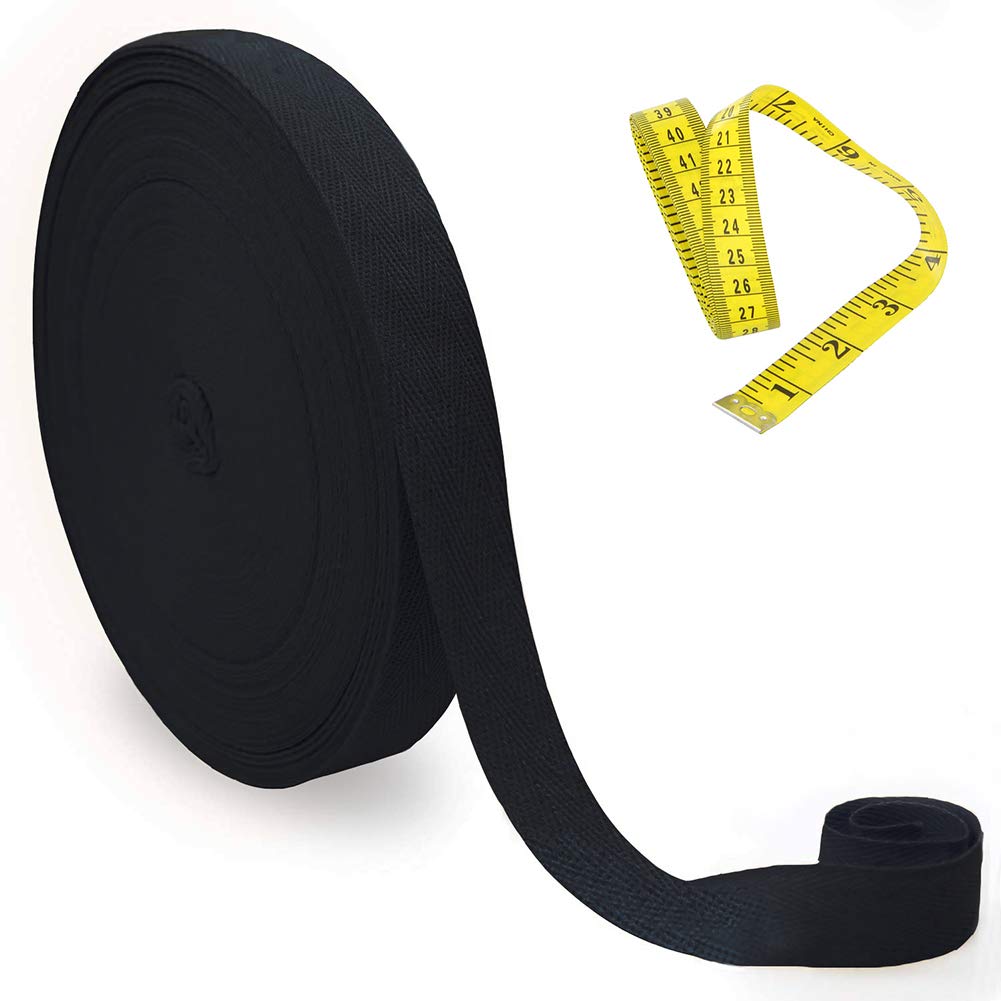 50 Meters 25mm Cotton Tape Bias Binding Tape Bunting Tape Twill Webbing Tape Sew Herringbone Roll Tape for Sewing Dressmaking Alterations Craft Apron, Black