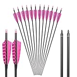 Huntingdoor 32-Inch Carbon Arrows with 4-Inch Feather Fletching Replaceable Points Hunting Arrows Targeting Arrows Spine 400 for Recurve Bow Longbow Hunting Bow(Pack of 6) (Pink)