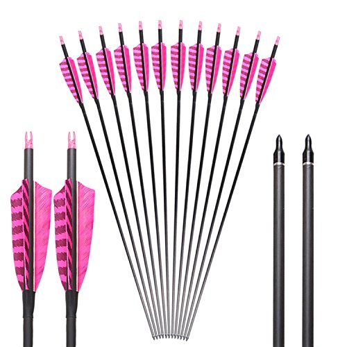 Huntingdoor 32-inch Carbon Arrows with 4-inch Feather Fletching Replaceable Points Hunting Arrows Targeting Arrows Spine 400 for Recurve Bow Longbow Hunting Bow(Pack of 6) (Pink)