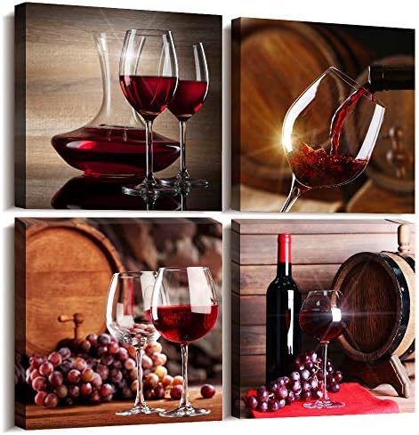 Kitchen Wall Artwork for eating room Wall Decor Nonetheless life wine Fruit goblet Canvas Prints Art work Wine barrel bar watercolor portray household wall decorations restaurant bed room Decor 4 piece set