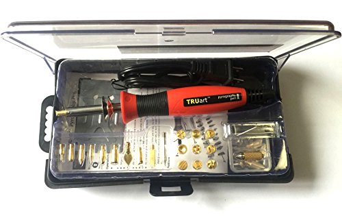 TRUArt Stage 1 Wood/Leather/Cardboard/Paper Pyrography Pen Set w/Jewelry Soldering Point - Best Woodburning Crafts Burner Tool Kit - Comes with 34 Different Tips, Dual Power Mode - 30W / 15W, Gourd