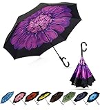 Double Layer Inverted Umbrella Big Straight Reverse Parasol Windproof UV Protection Umbrella for Car Rain Outdoor Hands Free C-Shaped Handle with Carrying Bag