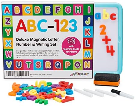 Hopscotch School Supply ABC-123 Children’s Magnetic Letters, Numbers & Writing Set. 152 Pieces & Double Sided Board. Designed by a Teacher. Includes Parents Guide to Learn Children the Basics