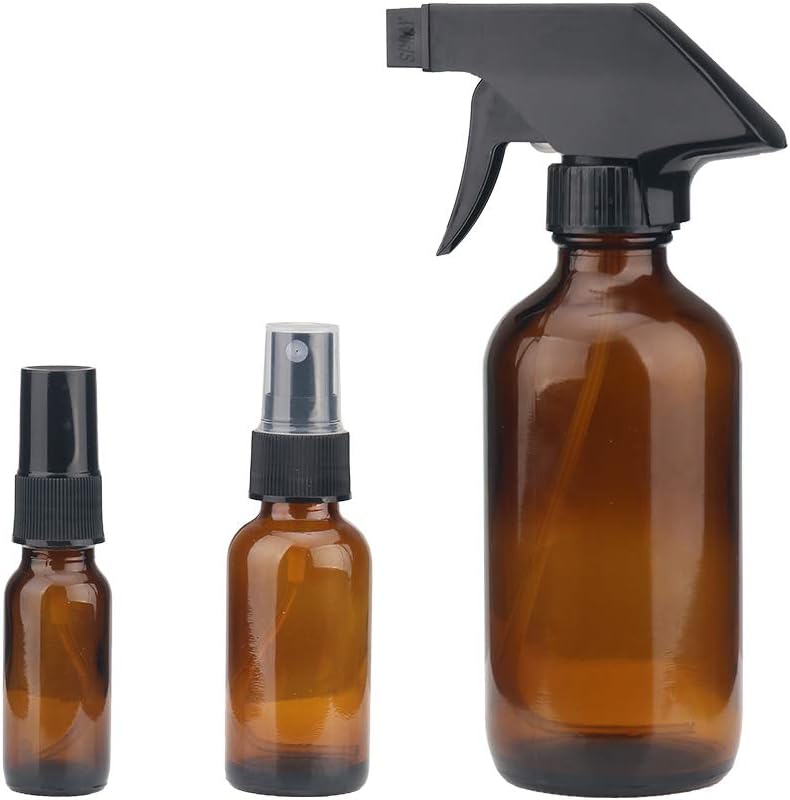 Amber Glass Spray Bottles - JOYSON Trigger Sprayer, Roller Bottles for Essential Oils, Fine Mist Spray Bottle with Dust Cap, Refillable Container for Cleaning Products,Set of 3