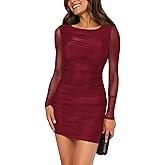 Nova In Sky Women's 2025 Sexy Bodycon Boat Neck Mini Dresses Mesh Long Sleeve Ruched Bodycon Cocktail Club Party Short Dress