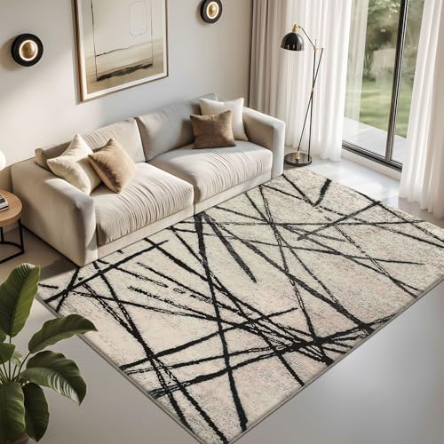 Leesentec Bohemian Artistic Vintage Oriental Living Room Rug, Soft Plush Surface, Vinyl Non-Slip Base, Unique for Living Room, Bedroom, Home Entrance Doormat (Beige/Black Stripes, 160 x 200 cm)