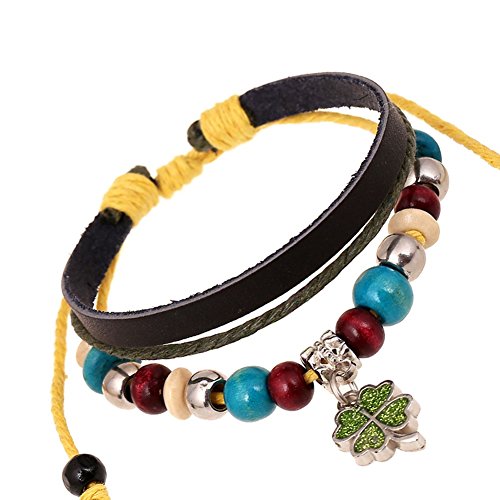 Charm Art Metal Flower Button Three Row Adjustable Leather Wrap Bracelet