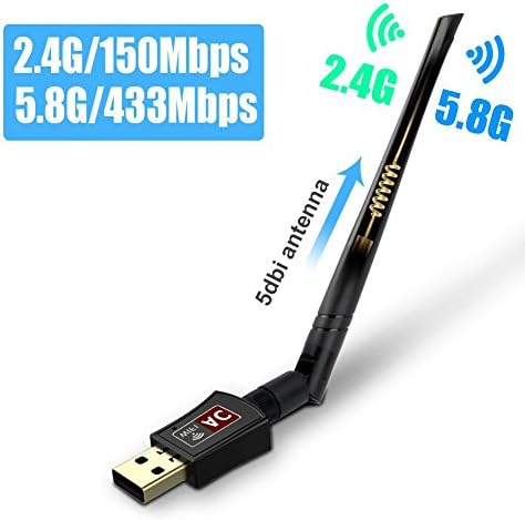 Fenvella Wifi Adapter USB Wireless Dongles 5dbi WiFi Antenna Dual Band (2.4G/150Mbps+5.8G/433Mbps) for Tv Pc Desktop Laptop,Support Windows XP/Vista/7/8/10 Mac OS