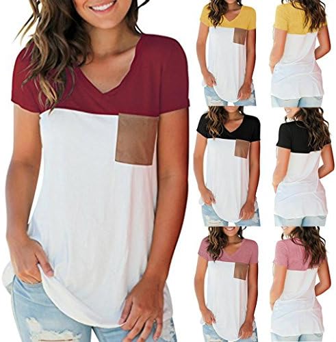 TAORE Womens Tops Women Casual Short Sleeve V-Neck Color Block Tops with Suede Pocket T-Shirt Top (US4=Tags, Wine)