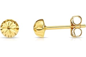 TILO JEWELRY 14K Yellow Gold Half Ball Stud Earrings, Hand Engraved Diamond-cut Half Ball Stud Earrings, 14K Butterfly Push-back Sleeper Earrings