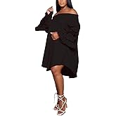 WOKANSE Women's Casual Plus Size Shirred Dresses Off Shoulder Bell Sleeves Ruffle Loose Stretchy Neck Midi Dress