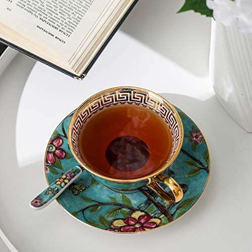 Panbado 3 Piece Bone China Tea Cup Saucer Set with Spoon Porcelain Gold Rimmed Teacup Coffee, Flower and Birds, 200 mL/6.8 oz, Blue, Cup & Saucer