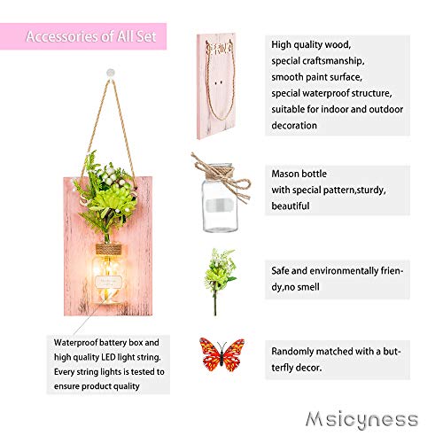 Decorative Artificial Flower Wall Decor - Rustic Wall Hanging Sconces with Mason Jars and LED Fairy Lights 1 Pack - Farmhouse Home Decor(Spring Board with Gerbera)