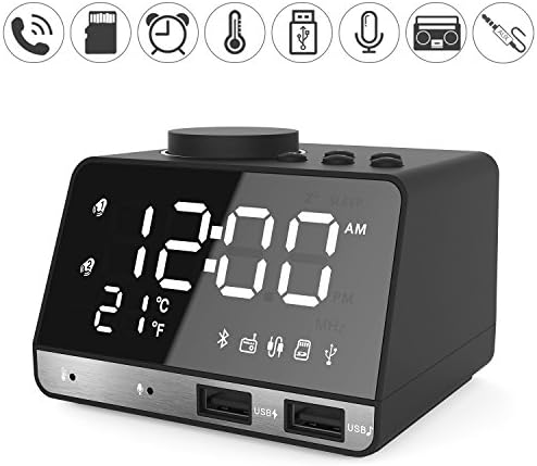 Kitbeez Alarm Clock Radio 4.2 Inch, Bluetooth Speaker with Dual USB Charging Port, Snooze Clock AUX TF Card Play, Thermometer, Large Mirror LED Dimmable Display for Bedroom, Hotel, Table, Desk