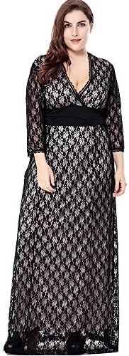 Sheicon Women 3/4 Sleeve Sexy V Neck Lace Maxi Dress Evening Party Gowns Color Beige Size 20W