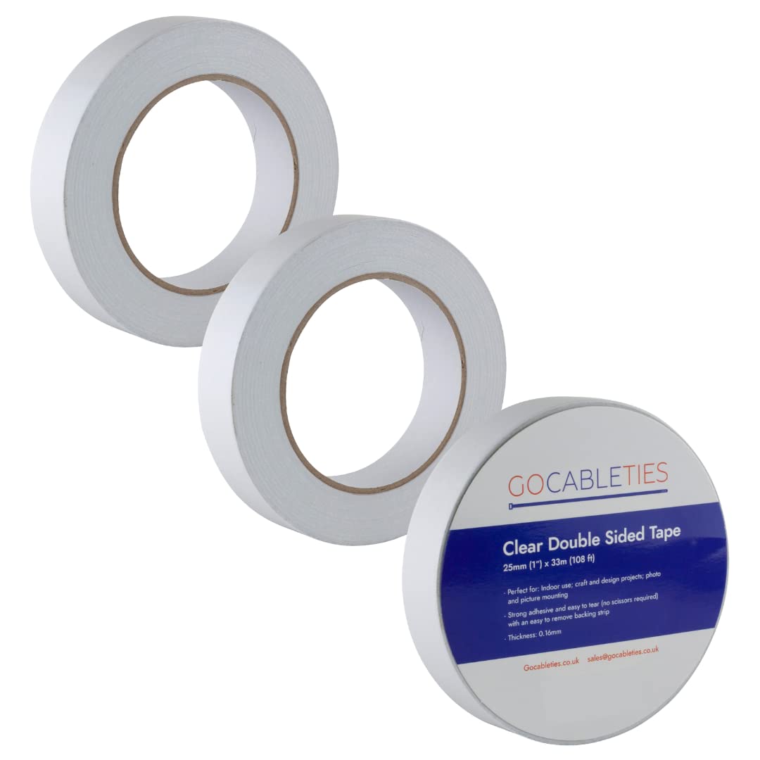 Gocableties Clear Double Sided Tape, 25mm (1”) x 33m, Strong Thin Double Sided Sticky Tape for Craft, Scrapbooking and Mounting Photos, 3 Rolls