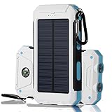 Solar Charger, Solar Power Bank 20000mAh Waterproof Portable External Battery USB Charger Built in LED light with Compass for iPad iPhone Android Cellphones (White & Blue)