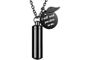 Dletay Cylinder Cremation Jewelry Urn Necklace for Ashes Memorial Ashes Necklace with Angel Wing Charm Memorial Keepsake for Pet Human-I Still Need You Close to Me