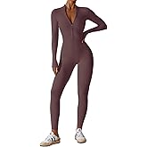 ECUPPER Women Long Sleeve Bodycon Jumpsuits Workout Zip Up Unitard One Piece Full Bodysuits Sexy Yoga Rompers Pants