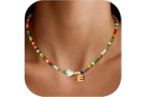 RINTOLER Gold Initial Necklace for Women - Handmade Bohemian Colorful Beaded Initial Stainless Steel 18K Plated Gold Choker Necklace with Heart Shells Letter A Pendant Necklace Jewelry Gifts