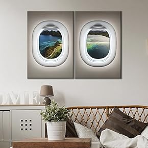 2 Panel Canvas Wall Art - Brown Plane Window Seat Overlooking Island - Giclee Print Gallery Wrap Modern Home Art Ready to Hang - 16"x24" x 2 Panels