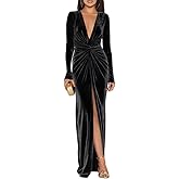 CuteMe V Neck Velvet Dresses for Bridesmaids Ruched Twist Long Sleeve Formal Party Gown with Slit CC004