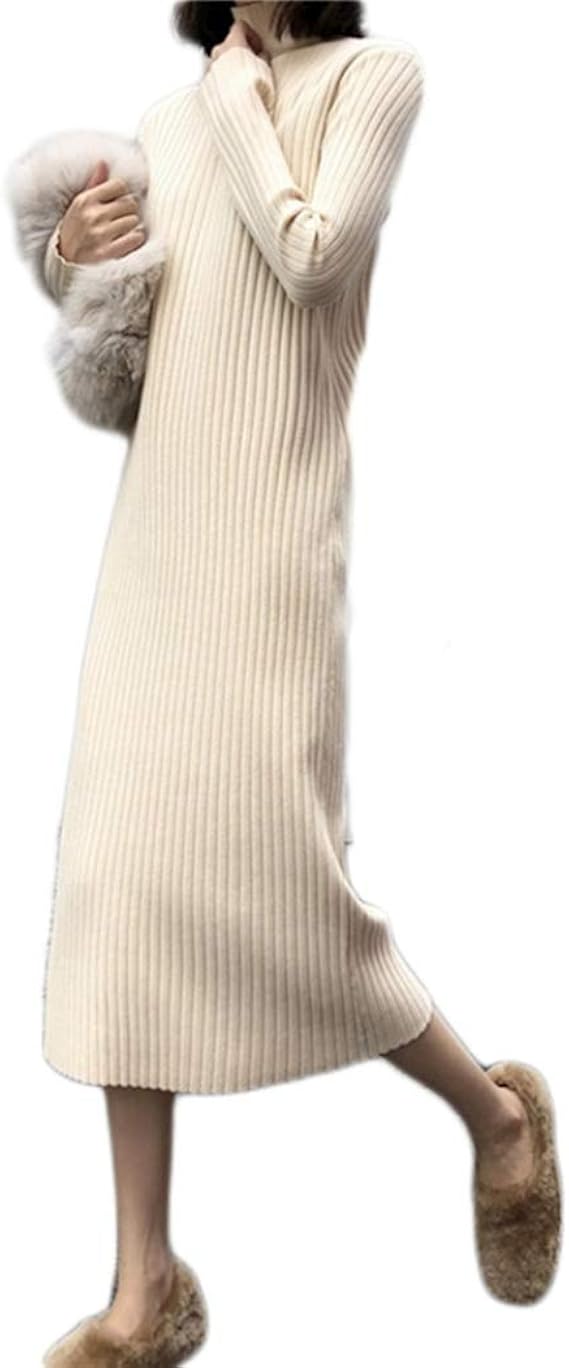 Amazon ロング丈 ニットワンピース ロングワンピース ロングニットワンピース L ロングセーター ニットワンピ マタニティ 無地 ゆったり 厚手 膝下 ナチュラル アプリコット 大人 秋冬 レディース ワンピース ニット レディース ワンピース チュニック 通販
